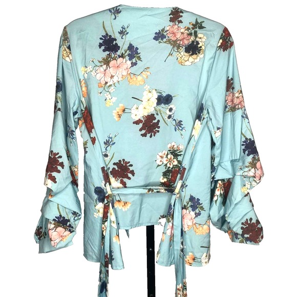 L'atiste Women's Floral Kimono Dolman Long Ruffle Sleeve Tunic Size Small w/belt - Picture 6 of 7